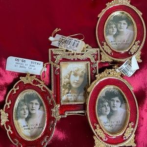 Holiday red and gold  metal frame ornaments. Set of 4.